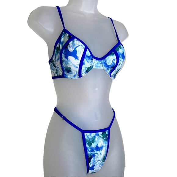 New Small Blue Floral Adjustable Bikini Swimsuit Set‎ Underwire Balconette Retro - Picture 4 of 6